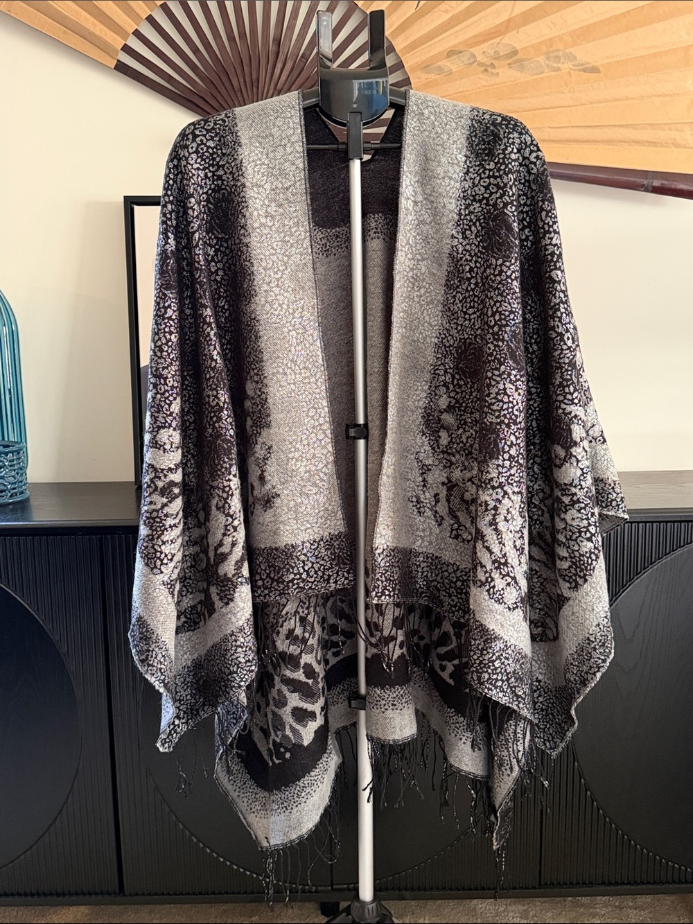Black and Gray Metallic Fringed Poncho Cape